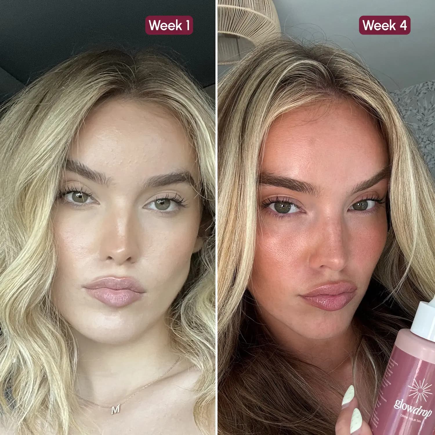 Before and after GlowDrop, week 1 and week 4 selfies side by side